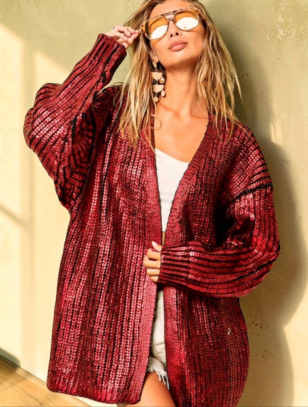 BiBi Metallic Burnt Orange Brick Red Open Cardigan Sweater | Shimmer Knit V-Neck